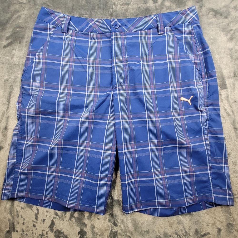 Puma Shorts Chino Golf Mens 36 Blue Plaid Performance Stretch Tech Flat Front
